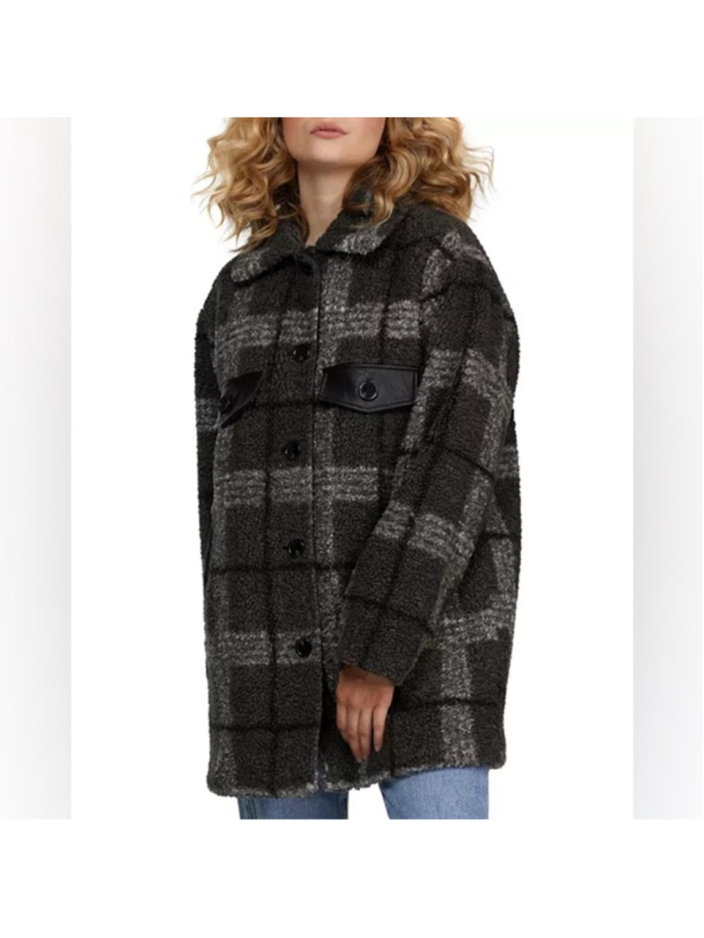 NVLT Shacket Plaid Faux Leather Trim Coat Berber teddy bear plaid sz lg